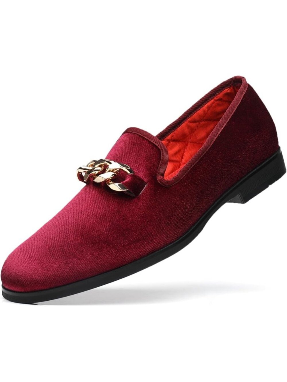 Men's Wine Plain Toe Imported Golden Copper Chain Pull On Modern Velvet Loafers